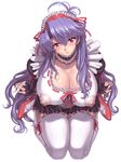  blue_hair blush bow breasts choker cleavage comic_unreal covered_nipples frills hair_bow hairband high_heels huge_breasts kneeling long_hair maid mogudan puffy_nipples red_eyes ribbon see-through shoes smile solo sweat thighhighs very_long_hair white_legwear 