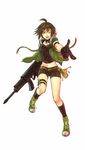  ahoge armband bad_id bad_pixiv_id brown_hair fanny_pack finger_gun goggles goggles_around_neck green_eyes gun kneehighs midriff navel open_mouth original pointing senano-yu shoes shorts smile sneakers solo thigh_strap weapon 