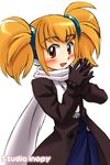  artist_request blonde_hair brown_eyes brown_gloves cowboy_shot gloves long_sleeves looking_at_viewer original scarf short_hair simple_background solo standing twintails white_background white_scarf 