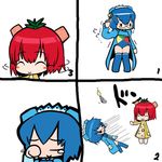  2k-tan 4koma artist_request chibi comic food_themed_clothes glasses gun gun_to_head holding holding_gun holding_weapon multiple_girls os-tan pizza-tan pushing silent_comic suicide tears weapon 
