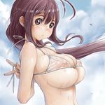  bikini bikini_top breasts brown_eyes brown_hair bursting_breasts copyright_request covered_nipples day homare_(suzu_no_oka) huge_breasts long_hair see-through solo swimsuit undersized_clothes wet 