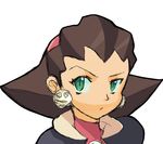  bad_id bad_pixiv_id brown_hair earrings green_eyes hair_pulled_back hairband jewelry ogros pink_hairband portrait raised_eyebrow rockman rockman_dash short_hair simple_background solo tron_bonne uneven_eyes 