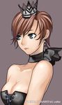  bad_anatomy bangs bare_shoulders black blue_eyes breasts brown_hair choker cleavage collarbone crown earrings front-tie_top hat hidematsu_(fsc) jewelry lipstick makeup medium_breasts original profile short_hair simple_background smile solo upper_body 