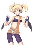  arcana_heart bat_wings bike_shorts blonde_hair blue_eyes choker demon_girl earrings fingerless_gloves flat_chest gloves jewelry lilica_felchenerow midriff pointy_ears solo souzan_kurasuke spandex twintails wings zipper 