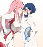  2girls bangs blue_eyes blue_hair blush bodysuit breasts commentary darling_in_the_franxx erect_nipples eyebrows_visible_through_hair face-to-face green_eyes hair_ornament hairband hairclip hand_on_another&#039;s_stomach hand_on_hip highres horns ichigo_(darling_in_the_franxx) large_breasts long_hair multiple_girls navel_insertion oni_horns pilot_suit pink_hair red_bodysuit red_horns short_hair sia_namsbinpeni simple_background small_breasts smile straight_hair white_background white_bodysuit white_hairband yuri zero_two_(darling_in_the_franxx) 