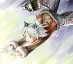  animal_ears ass coat green_eyes munmun open_mouth outstretched_arms pantyhose reaching rocket_launcher sanya_v_litvyak scarf short_hair silver_hair solo strike_witches striker_unit tail weapon world_witches_series 
