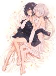  2girls arm_hug bare_legs bare_shoulders barefoot black_hair blazer blazer_removed commentary_request eyebrows_visible_through_hair eyes_closed hair_between_eyes hair_ornament hair_ribbon highres jacket konno_junko long_hair long_sleeves low_twintails lying minakata_sunao mizuno_ai multiple_girls nightgown on_bed on_side red_eyes ribbon see-through shirt short_hair silver_hair sleeveless twintails white_shirt yuri zombie_land_saga 