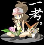  &gt;_&lt; :d baseball_cap black_legwear blue_eyes brown_hair closed_eyes denim denim_shorts gen_5_pokemon hat highres indian_style munna open_mouth pidove pokemon pokemon_(creature) pokemon_(game) pokemon_bw ponytail shorts sitting smile snivy socks souji thinking touko_(pokemon) vest victini xd 