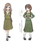  blue_eyes blush bobby_socks braid brown_eyes brown_hair green_shirt green_skirt hands_on_hips long_skirt long_sleeves looking_to_the_side maria-sama_ga_miteru multiple_girls pink_hair pleated_skirt sailor_collar school_uniform serafuku shimazu_yoshino shirt simple_background skirt smile socks standing suuan_(cyber_dam) text_focus toudou_shimako translation_request twin_braids white_background white_legwear 