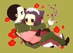  1girl animal_ears bad_id bad_pixiv_id black_eyes black_hair blush branch chibi couple flower fox_ears hair_flower hair_ornament hetero hug japanese_clothes kate_niemczyk kimono lying maid_headdress military military_uniform on_person otome_youkai_zakuro short_hair sitting susukihotaru uniform yoshinokazura_riken 