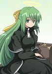  character_request copyright_request empty_eyes green_eyes green_hair halo haniwa_(leaf_garden) long_hair sitting solo suitcase 