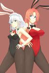  :/ animal_ears back-to-back blue_eyes braid breasts bunny_ears bunnysuit cleavage detached_collar fake_animal_ears hiroya_juuren hong_meiling izayoi_sakuya large_breasts long_hair multiple_girls pantyhose red_hair short_hair silver_hair simple_background smile touhou twin_braids wrist_cuffs 