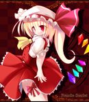  ai_takurou ascot bangs blonde_hair character_name checkered checkered_background cowboy_shot flandre_scarlet hat hat_ribbon leg_ribbon mob_cap one_side_up puffy_short_sleeves puffy_sleeves red_eyes red_ribbon red_skirt ribbon short_sleeves skirt skirt_set solo standing touhou wings 