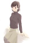  black_legwear black_shirt brown_eyes brown_hair hair_ornament hairclip light_smile long_sleeves original pantyhose shirt short_hair sitting_on_wall skirt solo takahashi_mugi turtleneck 