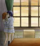  2girls blush curtain curtains eyes_closed hug inside kenjou_kaname kiss kissing kiyashiki_momomi miniskirt multiple_girls school_uniform short_skirt skirt sky strawberry_panic strawberry_panic! sunset window yuri 