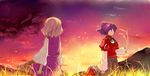  blonde_hair from_behind grass hota moriya_suwako multiple_girls no_hat no_headwear purple_hair short_hair sky sunset touhou yasaka_kanako 