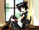  animal_ears black_hair cat_ears cat_tail copyright_request kuromaru maid pantyhose red_eyes short_hair solo tail window 