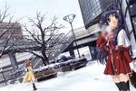  highres ikeda_kazumi kanon minase_nayuki multiple_girls red_skirt school_uniform skirt snow snowing thighhighs tsukimiya_ayu 
