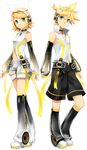  1girl aqua_eyes blonde_hair brother_and_sister choker detached_sleeves full_body hair_ribbon headphones kagamine_len kagamine_len_(append) kagamine_rin kagamine_rin_(append) official_art osamu_(jagabata) ponytail popped_collar ribbon short_hair shorts siblings transparent_background twins vocaloid vocaloid_append 