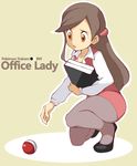  book brown_eyes brown_hair clerk_(pokemon) formal highres office_lady pantyhose pencil_skirt poke_ball pokemon pokemon_(game) pokemon_bw skirt skirt_set skirt_suit solo souji suit thighs vest 