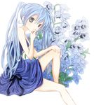  543543 blue_eyes blue_hair dress flower hatsune_miku long_hair orchid sitting solo twintails vocaloid 