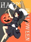  alternate_color animal_ears barefoot bat_wings black_hair bunny_ears bunny_tail carrot grey_background halloween happy_halloween inaba_tewi jack-o'-lantern jewelry kine kumatoshi mallet orange_background pendant player_2 pumpkin red_eyes solo tail touhou wings yellow_background 