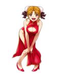  :d bare_shoulders bent_over breasts bun_cover china_dress chinese_clothes cleavage cleavage_cutout double_bun dress full_body hairu hands_on_own_knees hayasaka_akira high_heels large_breasts no_panties open_mouth orange_hair red_dress red_footwear shoes short_hair simple_background smile solo super_real_mahjong 