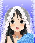  akiyama_mio black_eyes black_hair blue_flower blue_rose bouquet embarrassed flower k-on! kabura long_hair musical_note rose shy solo star tears veil 