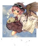  animal_ears bag brown_eyes dress earrings envelope gloves goggles hat highres jakkun jewelry mystia_lorelei pink_hair short_hair sky solo touhou wings 