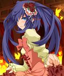  blue_eyes blue_hair blush bow bug butterfly dress dress_lift flower furudo_erika hair_flower hair_ornament insect long_hair nemu_(nebusokugimi) pink_bow ribbon solo twintails umineko_no_naku_koro_ni 