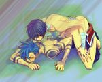  2boys anal blue_hair blush closed_eyes clothed_male_nude_male clothed_on_nude cmnm doggystyle eyes_closed garlock_simon kamina male male_focus multiple_boys penetration sex simon tengen_toppa_gurren-lagann tengen_toppa_gurren_lagann wince yaoi 