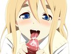  blonde_hair blue_eyes blush cum cum_in_mouth cum_on_tongue fellatio hetero k-on! kotobuki_tsumugi long_hair open_mouth oral penis sofue_(artist) solo_focus 