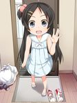  :d bare_shoulders black_hair blue_eyes child dress flip-flops from_above hair_ornament hairclip highres long_hair looking_at_viewer looking_up one_side_up open_mouth original ponytail sandals shouji_ayumu smile solo standing waving younger 