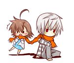  1girl accelerator ahoge blush_stickers brown_hair chibi dress last_order polka_dot red_eyes rubii scarf shared_scarf short_hair silver_hair to_aru_majutsu_no_index 