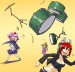  3girls angry breasts brown_hair cleavage cosmic_break dress drill_hair drum footwear hair_ornament hair_over_one_eye instrument long_hair lowres maril_march midriff misty_hollow multiple_girls navel open_mouth pink_hair red_hair running short_hair skirt skj socks throwing winberrl 