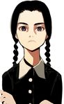  addams_family braid child expressionless face highres lips long_hair looking_at_viewer simple_background solo sorethroat twin_braids upper_body wednesday_addams white_background 