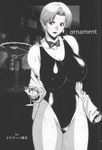  alcohol art_of_fighting bow bow_tie bowtie breasts earrings highres huge_breasts jewelry king_(snk) king_of_fighters leotard monochrome one-piece one-piece_swimsuit ryuuko_no_ken short_hair snk sweat swimsuit 