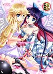  angel_wings ball_and_chain_restraint blonde_hair blue_eyes blue_nails bow bracelet breasts choker cleavage dress hair_bow jewelry kanna_(plum) long_hair medium_breasts multicolored_hair multiple_girls nail_polish panty_&amp;_stocking_with_garterbelt panty_(psg) pink_hair purple_hair red_nails stocking_(psg) strap_slip striped striped_legwear thighhighs two-tone_hair wings 