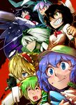  :t ^_^ alice_margatroid animal_ears arm_cannon black_hair blonde_hair blue_eyes blue_hair bullpup bunny_ears cape clenched_hand closed_eyes cucumber daitai_konna_kanji eating gohei green_eyes green_hair grin gun hairband hat kawashiro_nitori kochiya_sanae konpaku_youmu multiple_girls murasa_minamitsu p90 purple_hair red_eyes reisen_udongein_inaba reiuji_utsuho rifle sailor silver_hair smile submachine_gun touhou two_side_up weapon wings yellow_eyes 