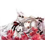  albino bow duca face flower fujiwara_no_mokou hair_bow long_hair looking_at_viewer lying open_mouth orchid red_eyes silver_hair solo touhou white_hair 