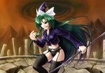  alternate_costume black_legwear black_panties breasts covered_nipples garter_belt green_eyes green_hair grin hat koto_tsubane large_breasts long_hair mima navel no_pants panties shirt smile solo staff taut_clothes taut_shirt teeth thighhighs touhou touhou_(pc-98) underwear very_long_hair weapon wizard_hat 