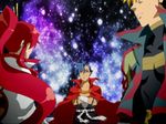  1girl 2boys belt blonde_hair blue_hair cape crossed_arms good_end jacket kamina kittan multiple_boys ponytail red_hair star tattoo tengen_toppa_gurren-lagann tengen_toppa_gurren_lagann uh-oh yoko_littner yoko_ritona 