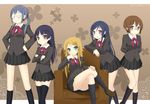  alternate_costume aqua_eyes aragaki_ayase armchair black_legwear blazer blue_eyes blue_hair blush brown_hair chair crossed_legs glasses gokou_ruri jacket kneehighs kousaka_kirino long_hair looking_at_viewer makishima_saori multiple_girls orange_hair ore_no_imouto_ga_konna_ni_kawaii_wake_ga_nai panties school_uniform short_hair sitting skirt sky_(freedom) tamura_manami thighhighs twintails underwear white_panties 