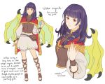  1girl cape dragon_girl dragon_wings dress english_text fire_emblem fire_emblem:_seima_no_kouseki fire_emblem_heroes full_body highres jivke long_hair looking_at_viewer mamkute multi-tied_hair myrrh nintendo older purple_hair red_eyes sandals simple_background smile solo twintails white_background wings 