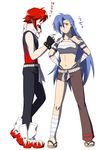  bandage bare_shoulders blue_eyes blue_hair boots breasts couple fingerless_gloves genderswap gloves kamina long_hair midriff navel pants pointing red_eyes red_hair scarf short_hair simple_background slippers tengen_toppa_gurren-lagann tengen_toppa_gurren_lagann yoko_littner yoko_ritona 