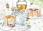  bee biscuit blonde_hair blueberry bow bug double_bun dress flower food fruit green_eyes hair_bow hair_flower hair_ornament hair_ribbon honey insect kneeling long_hair open_mouth original pancake plate ribbon shiitake_(gensoudou) smile solo wings 