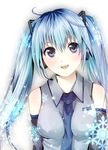  bare_shoulders blue_eyes blue_hair blush breasts detached_sleeves hatsune_miku headphones highres long_hair necktie open_mouth small_breasts snowflakes solo twintails vocaloid yoshiichi_(yosiichi) yuki_miku 