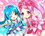  bad_id bad_pixiv_id blue_choker blue_skirt bow choker cure_blossom cure_marine hanasaki_tsubomi heartcatch_precure! kurumi_erika long_hair magical_girl multiple_girls one_eye_closed pink_bow pink_choker pink_eyes pink_hair ponytail precure shiratama_(shiratamaco) skirt thighhighs 