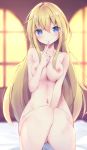  1girl bangs bed_sheet between_legs blonde_hair blue_eyes blurry blurry_background blush breasts closed_mouth collarbone commentary_request depth_of_field eyebrows_visible_through_hair finger_to_mouth hair_between_eyes hand_between_legs head_tilt kyuukon_(qkonsan) long_hair medium_breasts navel nipples nude original shushing sitting smile solo very_long_hair window 