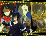  3boys bad_id bad_pixiv_id black_eyes black_hair blonde_hair blue_eyes bob_cut breasts caution_tape coat durarara!! glasses glowing glowing_eyes keep_out kida_masaomi knife large_breasts multiple_boys nanamura orihara_izaya red_eyes ryuugamine_mikado school_uniform short_hair sonohara_anri yellow_eyes 